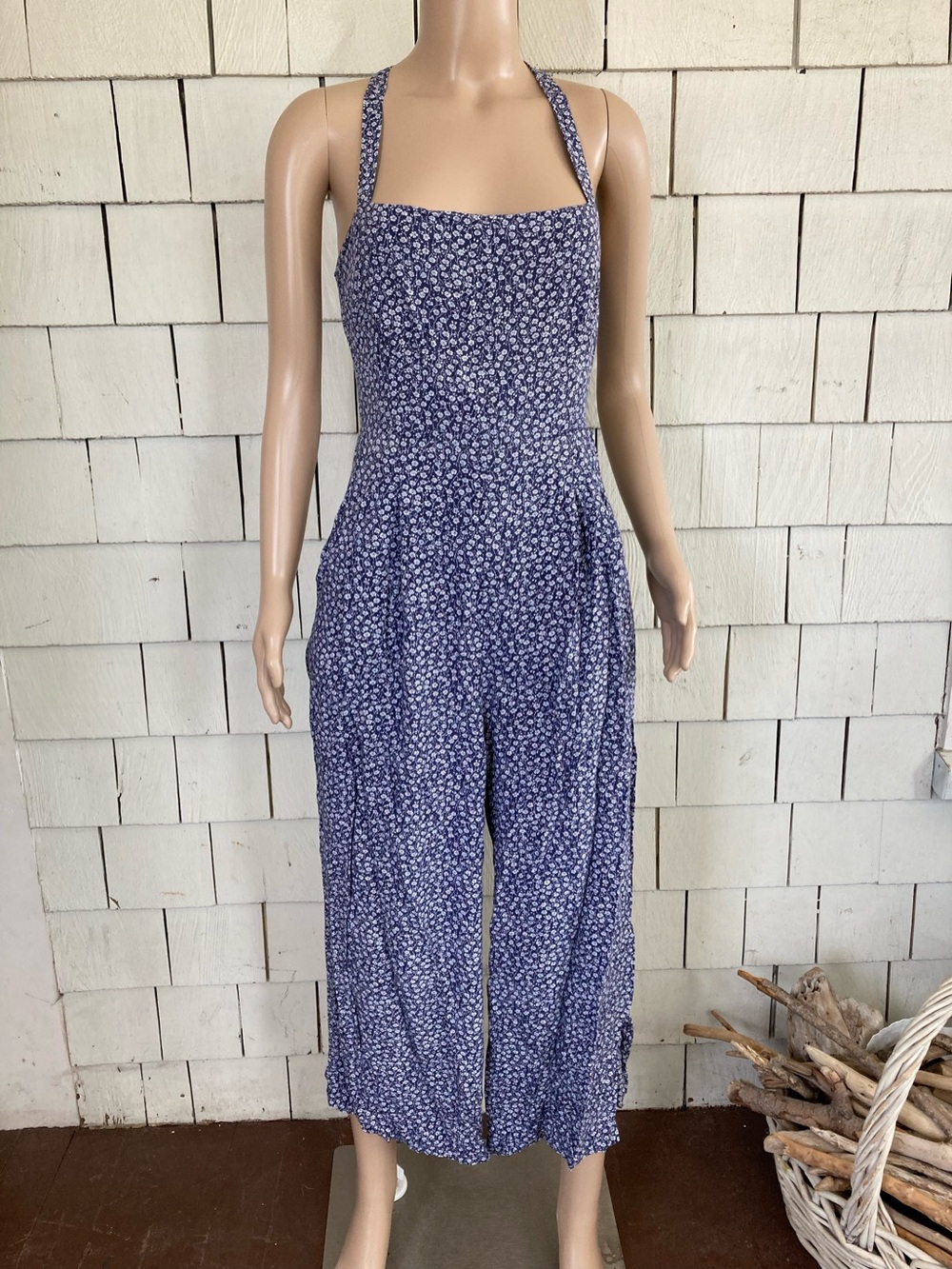 Boho Cottagecore Showpo Blue Jumpsuit with White Floral Print Size 8